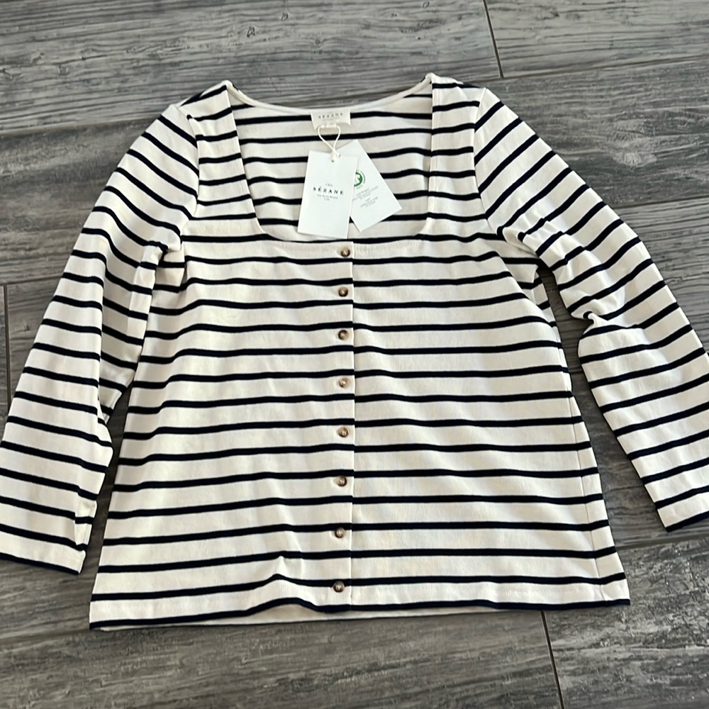 Sézane Línea Mariniere in navy and cream